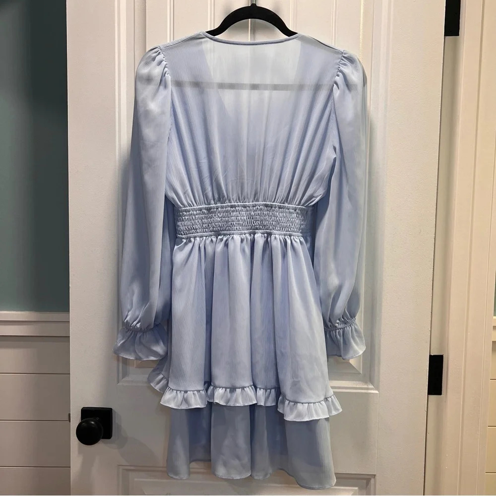 Light Blue Ruffled Mini Dress‎ with Long Sleeves. Size Small.